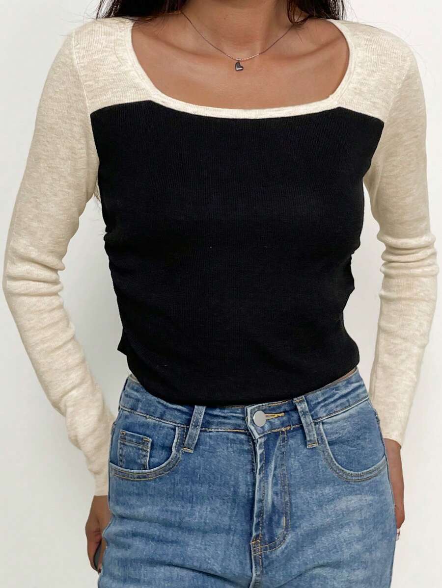 女士修身顏色塊圓領毛衣 - 黑色 - 查看 1