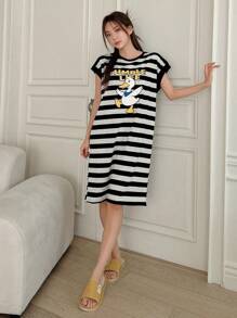 DAZY Cartoon Printed Striped Homewear Dress Summer Pajama - Black - View 3