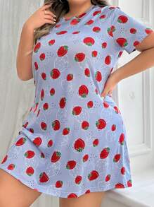 SHEIN Plus Size Women's Strawberry Printed Sleep Dress Pajama Dress - Purple - View 6
