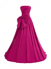 SHEIN Belle Women's Formal Evening Ball Gown With Big Bowknot, Strapless Neckline, Pleats And Flowing (Heavy Model) - Hot Pink - View 2