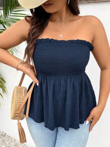 SHEIN Frenchy Áo Boho không dây cỡ lớn mùa hè có viền xếp nếp và tấm vải phủ - Màu xanh hải quân - Xem 3
