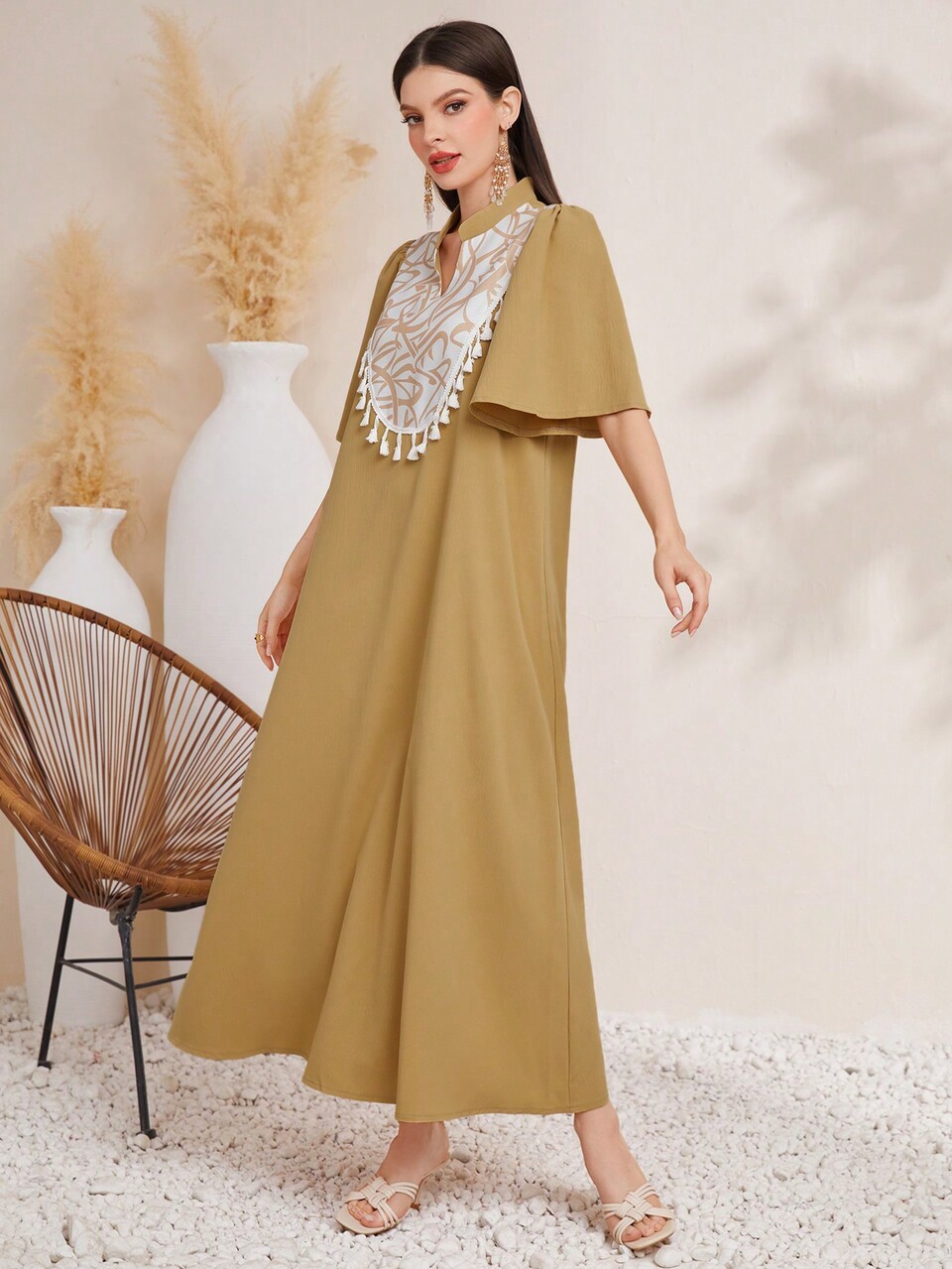 Printed Patchwork Notched-Neck Fringe Decorated Dress