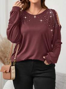 SHEIN LUNE 大尺碼女水鑽裝飾露肩長袖圓領 T 卹 - 酒紅色 - 查看 3