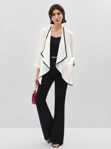 BizChic Women'S Contrast Trim Open Front Blazer - Black and White - View 1