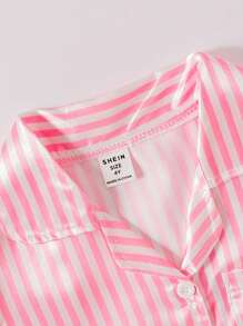 SHEIN Young Girl Comfortable Pink Striped Short Sleeve Shirt And Pants Set For Leisure