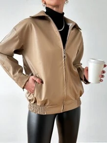 EURMUSE Women'S Drop Shoulder Long Sleeve Leather Jacket - Beige - View 4