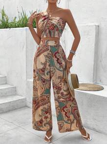 Breezaya 隨機印花單肩短款上衣和寬腿長褲套裝 - 彩色 - 查看 4