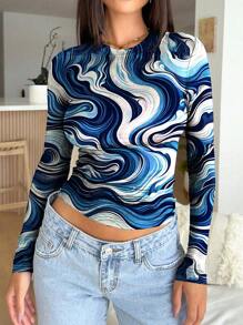 SHEIN Essnce 大理石印花長袖短上衣t恤 - 彩色 - 查看 1