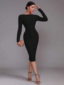 Sexy Women's Long Sleeve Backless Zipper Bodycon Mid-Length Party Dress - Black - View 2