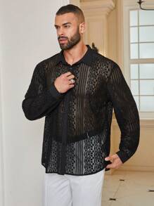 Manfinity Homme Men's Plus Size Lace Long Sleeve Shirt - Black - View 7