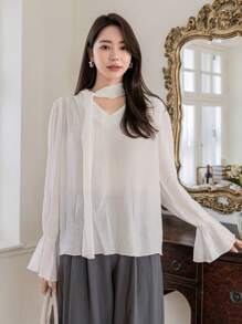 DAZY Tie-Neck Flare Sleeve Blouse,Fall Clothes