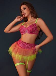 SHEIN Women's Sexy Valentines Heart Embroidered Mesh Lingerie Set - Hot Pink - View 3