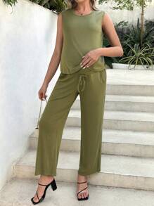 SHEIN Maternity Solid Color Tank Top And Adjustable Waist Pants Two Piece Set - Army Green - View 4
