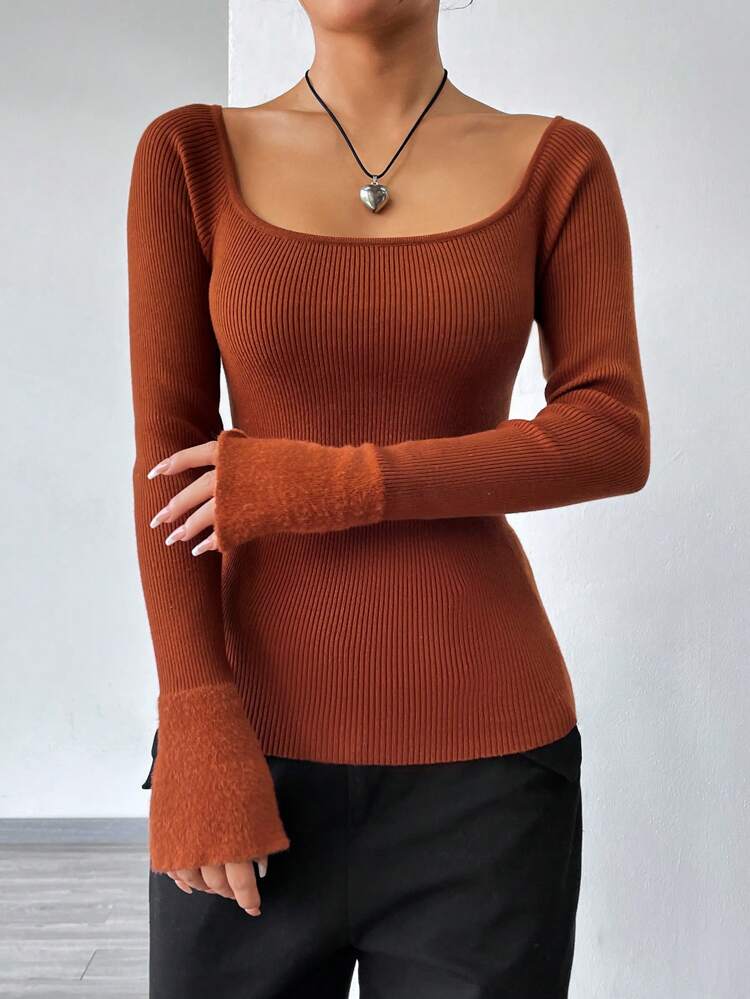 Women's Solid Color Ribbed Knitted Sweater Fall Winter