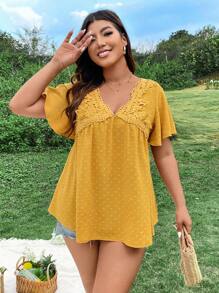 Flirla Plus Size Women'S Lace Patchwork Butterfly Sleeve Blouse - Yellow - View 5