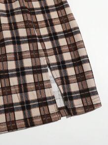 SHEIN EZwear Summer Going Out Brown Split Hem Short Style Tartan Skirt