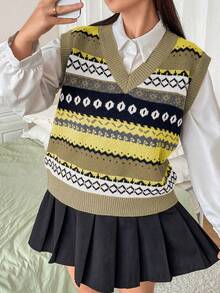 SHEIN Qutie 大尺碼v領幾何圖案毛衣背心 - 彩色 - 查看 5