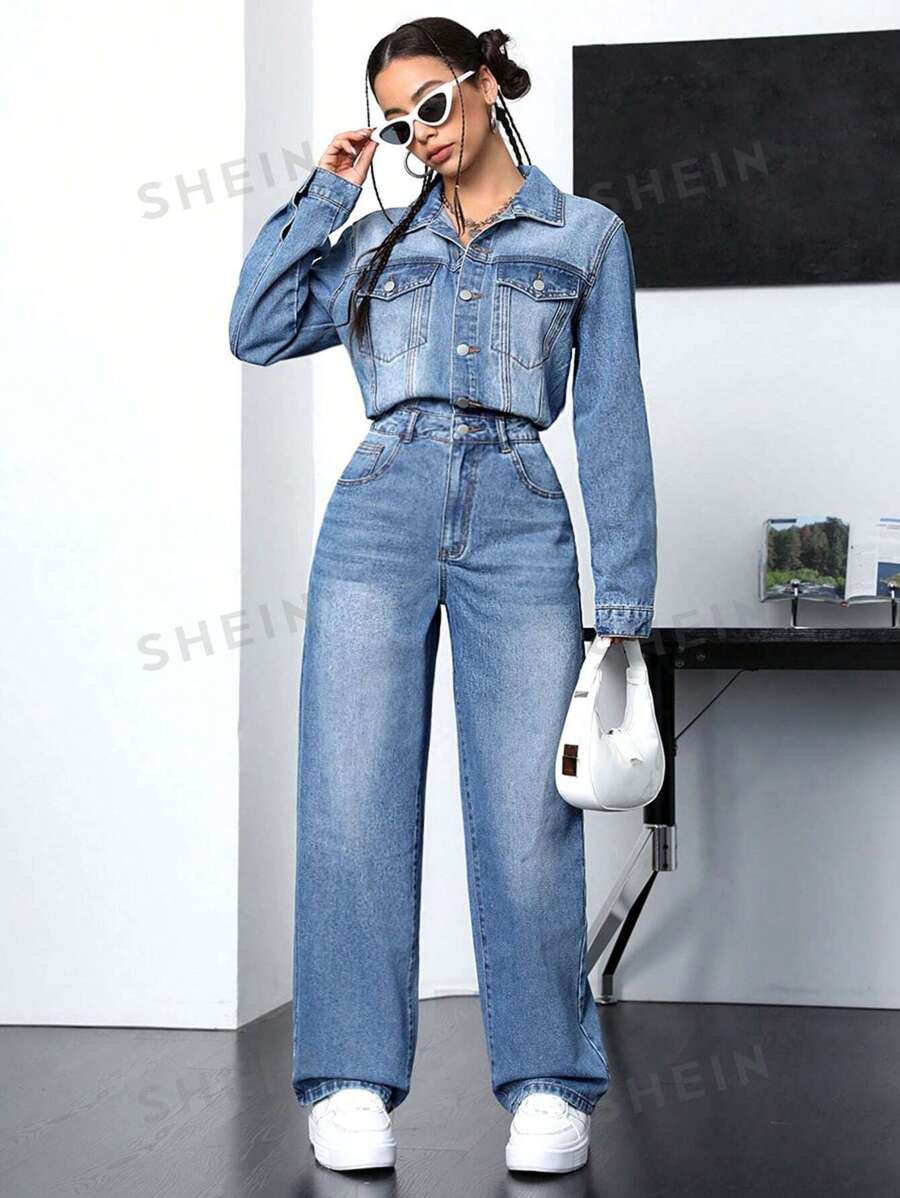 SHEIN EZwear Mono De Mezclilla Para Mujer Con Camisa De Manga Larga