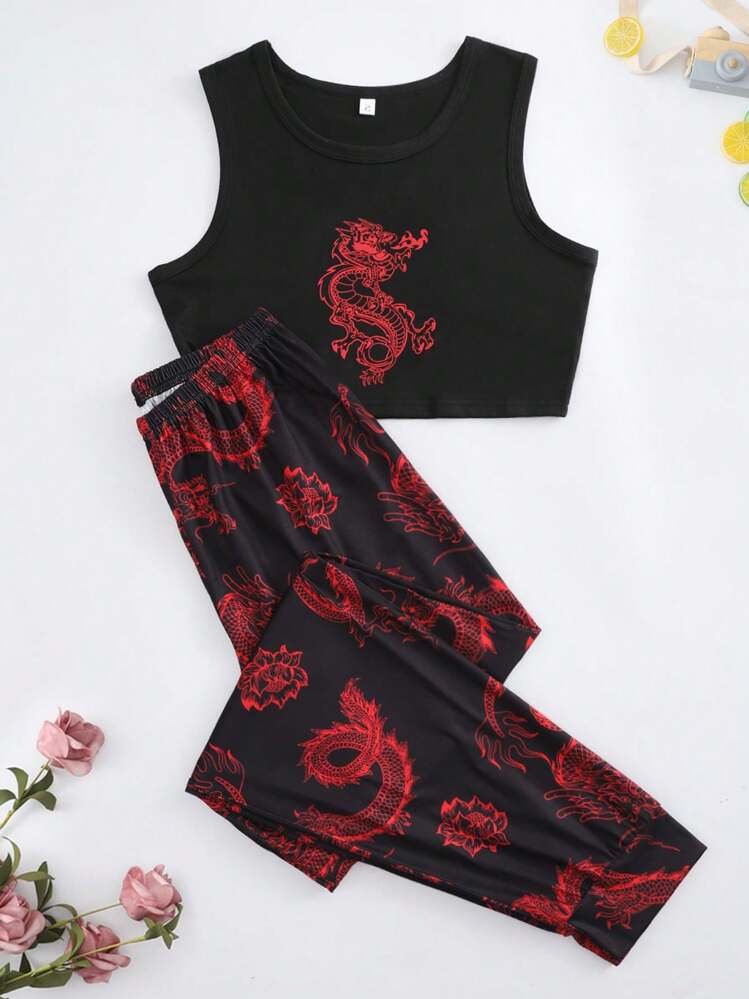 Chinese Dragon Print Pajama Set - Black - View 4