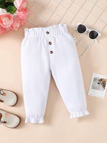 Infant Girls' Cute Paper Bag Waist Button Detail Long Pants - White - View 1