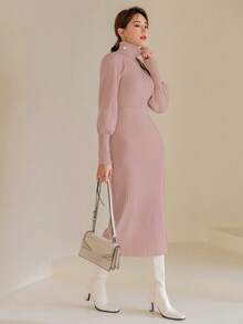 Modelyn 純色高領氣球袖毛衣連衣裙 - 粉色 - 查看 3