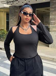 CovetEZ 大尺碼鏤空細部長袖掛脖 T 卹 - 灰色 - 查看 5