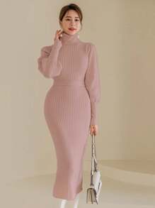 Modelyn 純色高領氣球袖毛衣連衣裙 - 粉色 - 查看 1