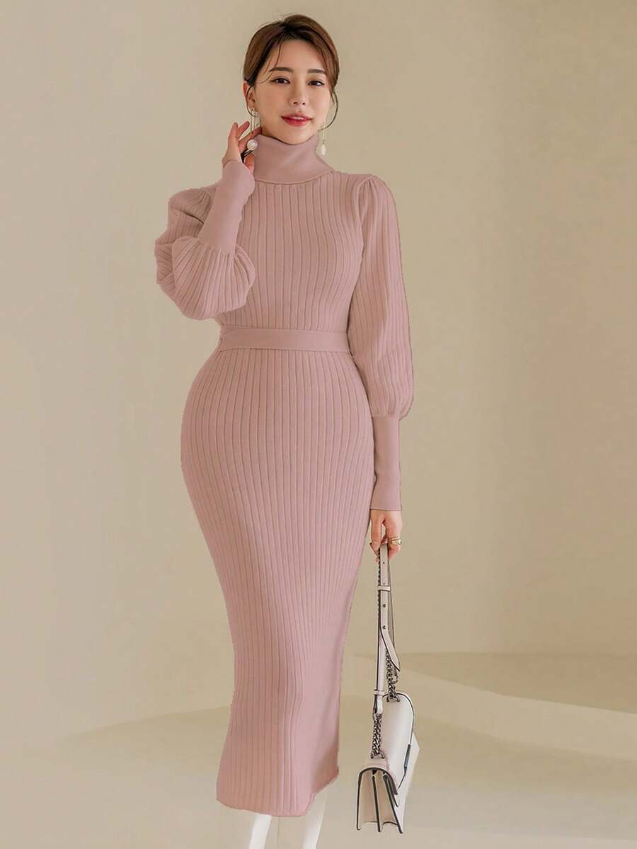 Modelyn 純色高領氣球袖毛衣連衣裙 - 粉色 - 查看 1