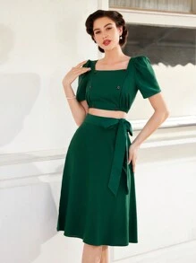 Vintamour Crop Top & Puff Short Sleeve Square Neck Top And Skirt Set