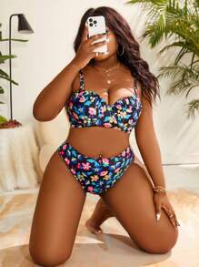 SHEIN Swim Curve Summer Beach Plus Size Floral Bikini Set Carnival - Multicolor - View 5
