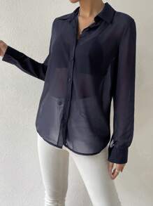 SHEIN Essnce Women's Sheer Long Sleeve Mesh Blouse - Royal Blue - View 5