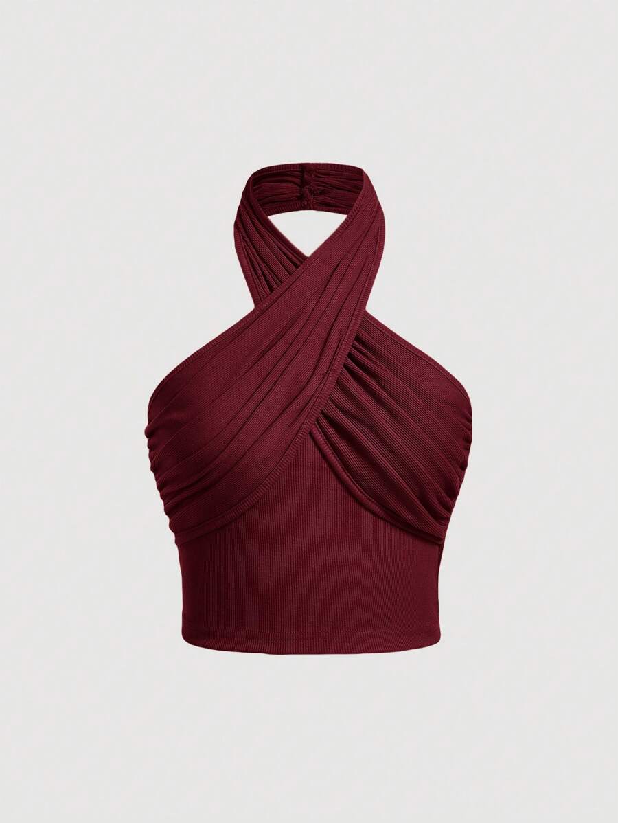 SHEIN MOD 女款純色交叉掛脖上衣