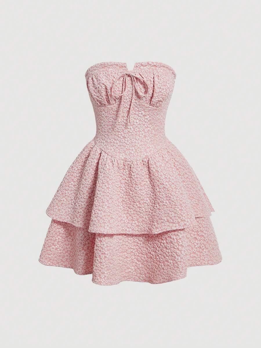 SHEIN MOD Ladies' Jacquard Double Layer Ruffle Hem Strapless Dress