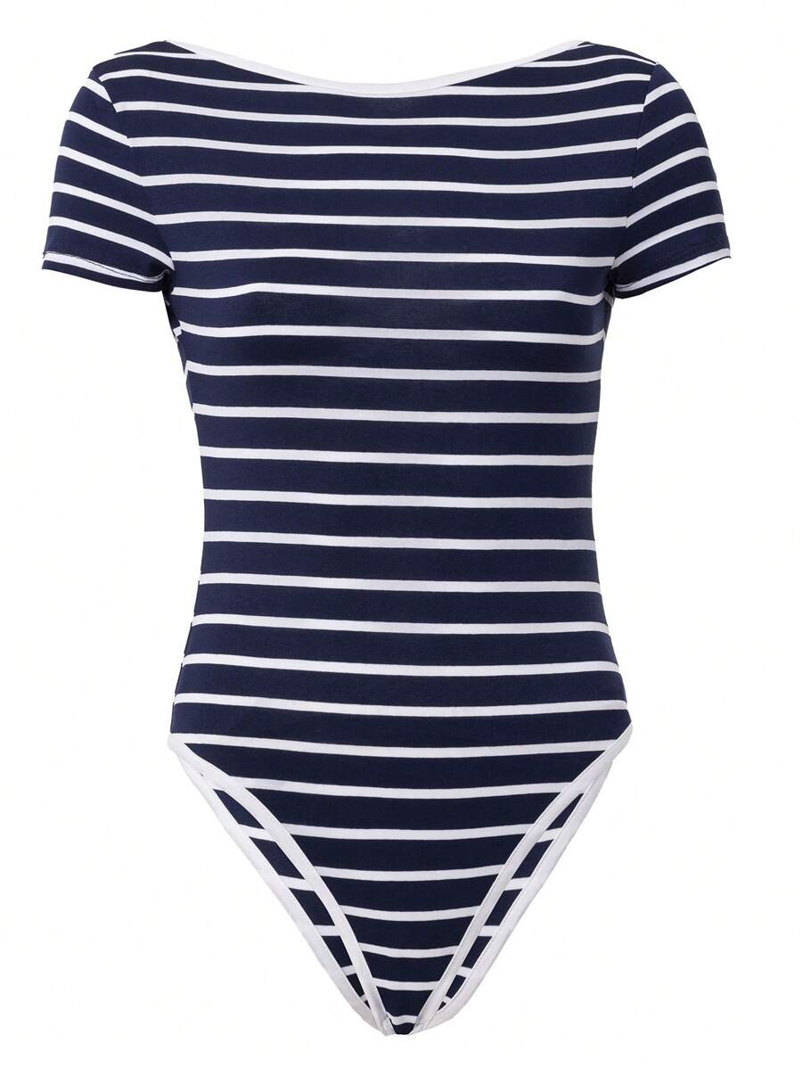 RueChic Striped Scoop Neck Bodysuit - Black - View 1