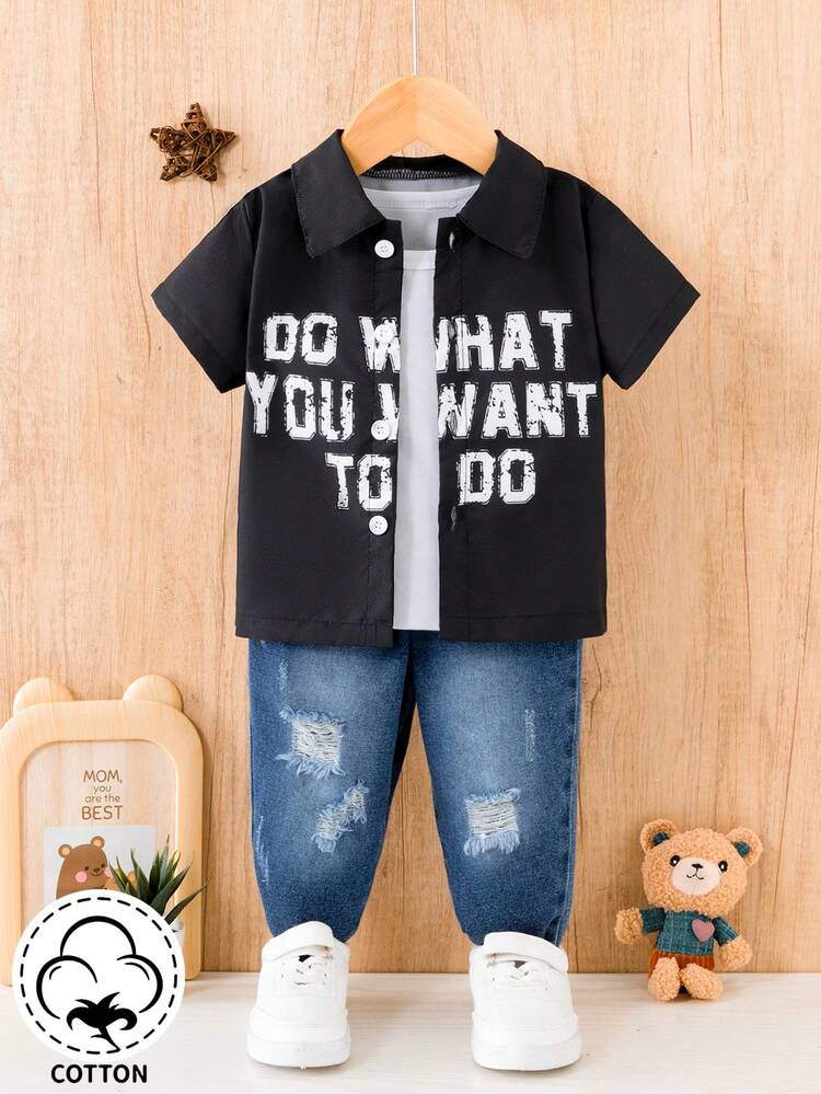 Baby Boys' Letter Slogan Shirt And Jeans Set, Street Style Fashion