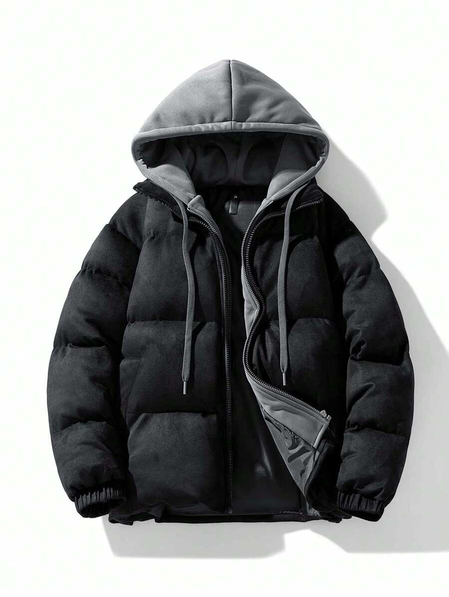 Men's Zipper Front Two-In-One Hooded Padded Coat - Black - View 1