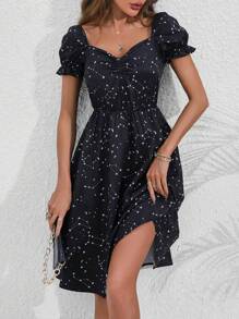 Women's Gothic Dark Constellation Element Print Puff Sleeve A-Line Dress With Waistline - Black - View 6