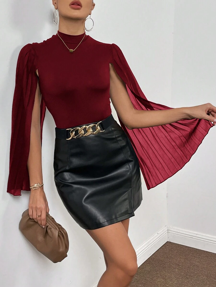 SHEIN Privé 翻領折褶披風袖連體衣 - 紅色 - 查看 1