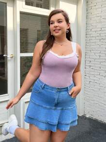 SHEIN EZwear Plus Size Contrast Color Lace Patchwork Knitted Top - Dusty Pink - View 5