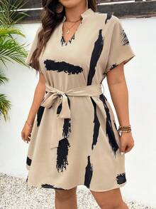 SHEIN Frenchy Plus Size Summer Notched Neckline Batwing Sleeve Dress - Apricot - View 3