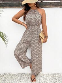 SHEIN Frenchy Plus Size Summer Women'S Full Print Halter Jumpsuit - Khaki - View 4