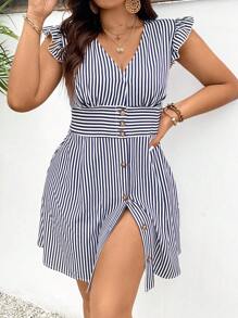 SHEIN Frenchy Boho A-Linie Sommerkleid für große Größen, gestreift mit kurzen Ärmeln, A-Linie Damenkleid