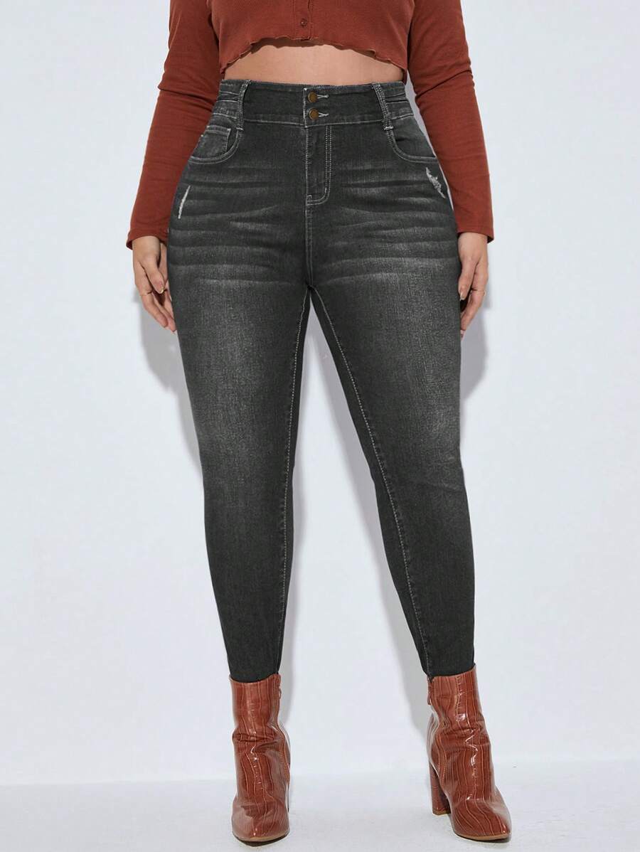 SHEIN SXY Kích thước lớn Nước Rửa Quần jean ôm - Xám - Xem 1
