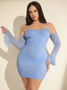 SHEIN BAE Robe à épaules dénudées avec manches évasées et plis rassemblés - Bleu azur - Voir 4
