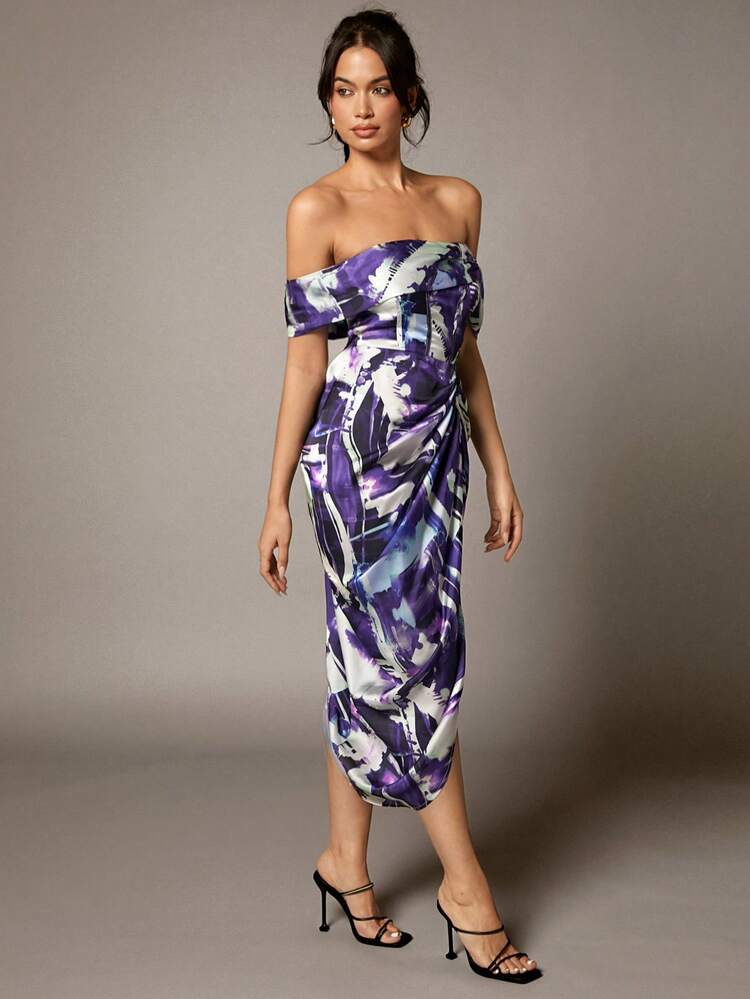 Purple Abstract Pattern Off Shoulder Pleated High-Slit Long Satin Dress For Women