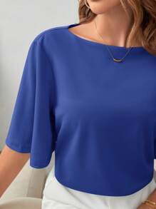 SHEIN Frenchy Của phụ nữ Cổ thuyền Nửa tay Áo thun - Xanh đậm - Xem 5