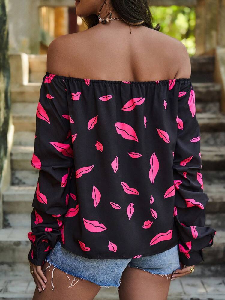 Lips Print Off Shoulder Long Sleeve Shirt