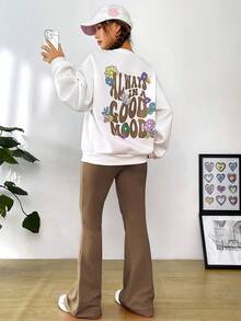 SHEIN EZwear 口號與花卉印花長袖運動衫和喇叭褲套裝 - 棕色 - 查看 3