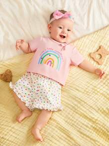 SHEIN Newborn Infant Baby Girls' Rainbow Letter Printed Short Sleeve Top And Polka Dot Shorts 2pcs Outfits - Multicolor - View 6
