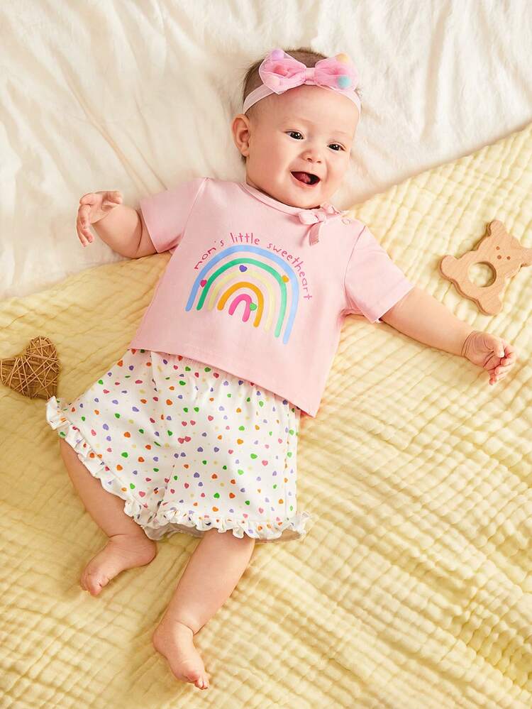 Newborn Infant Baby Girls' Rainbow Letter Printed Short Sleeve Top And Polka Dot Shorts 2pcs Outfits